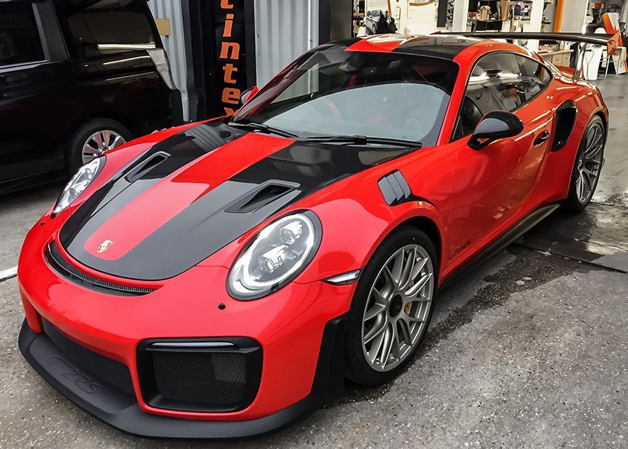 Paint protection film on Porsche 911 GT2RS red car