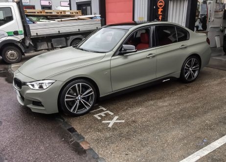 BMW 3 series car vinyl wrapped in khaki green